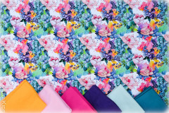 Puuvillane_trikotaaz_joonistatud_roosad_kollased_lillad_lilled